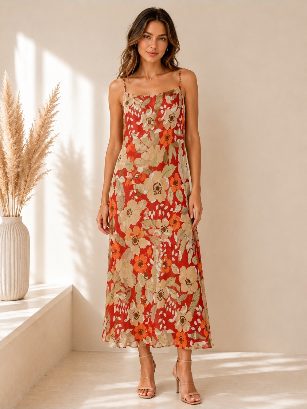 Zenobia Floral Maxi Dress Women’s Medium Red Orange Beige Spaghetti Strap